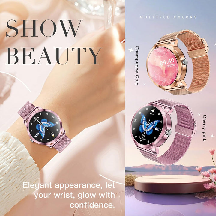 Smartwatch Damen mit Telefonfunktion, 1,09” Fitnessuhr mit 123 Sportmodi, Pulsmesser, Schlafmonitor,