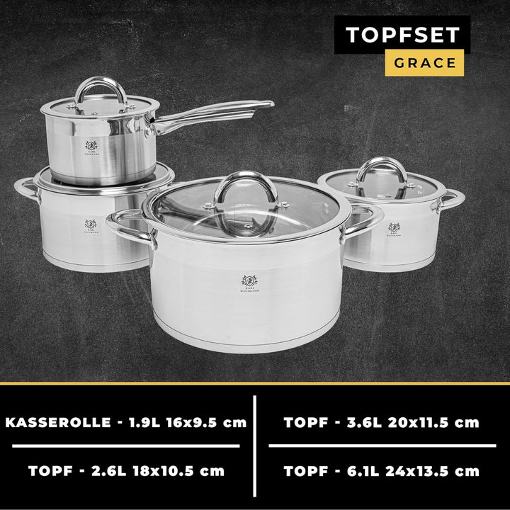 Topfset Induktion 4-teilig, Kochtopf Set mit Glasdeckel, Edelstahl mattiert, Induktions Töpfe Set un