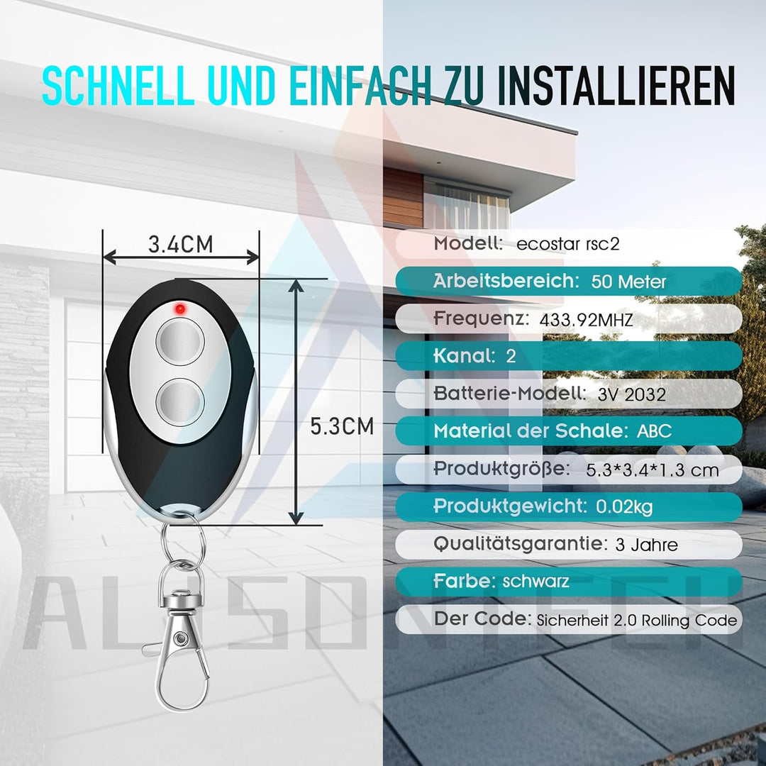 2 X Garagentoröffner Fernbedienung für Ecostar RSC2, RSE2, RSZ1 - Handsender 433.92MHZ 3-Jahres-Gara
