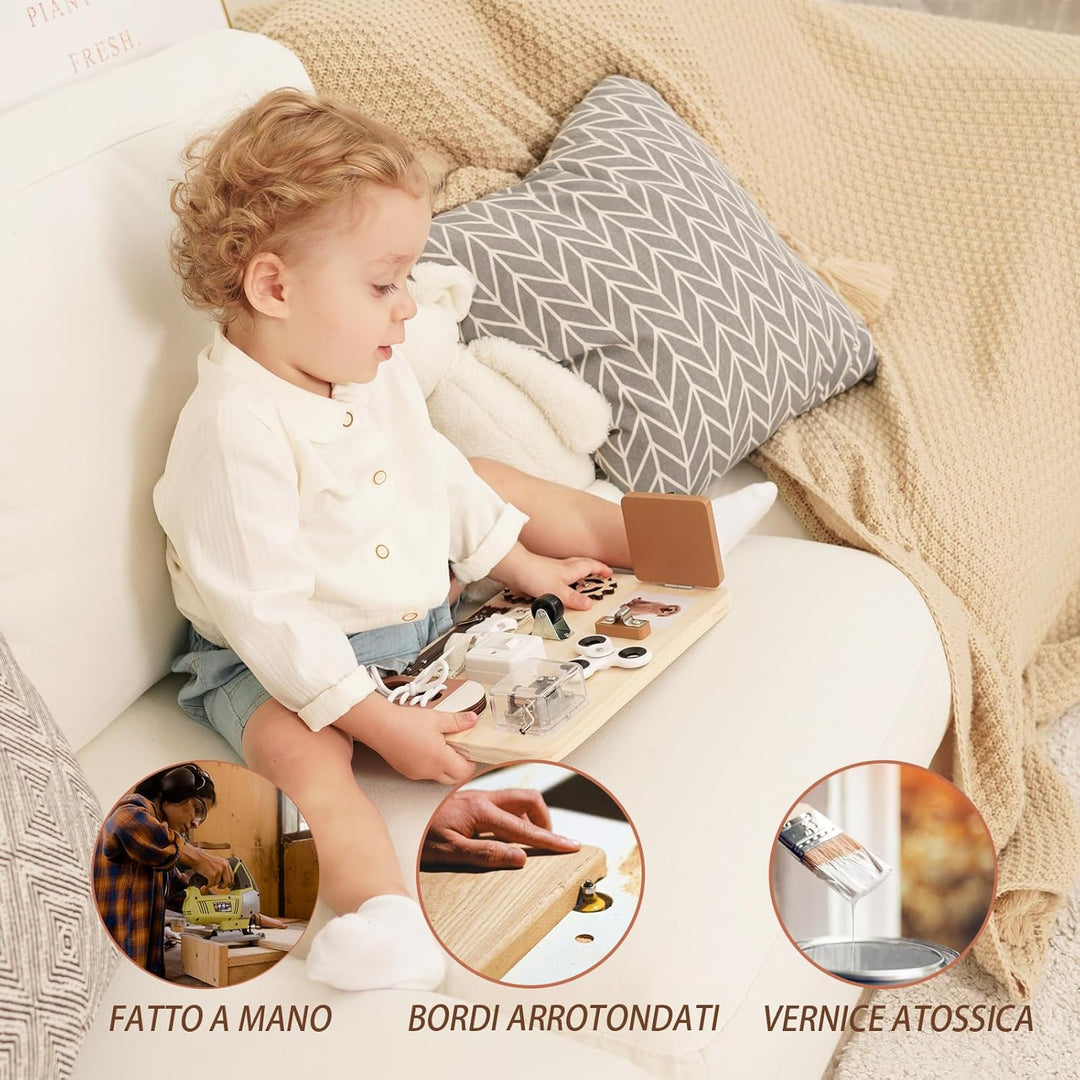 Potatomato Montessori Busy Board für Kinder - Sensorik & Feinmotorikspielzeug aus Holz - Montessori