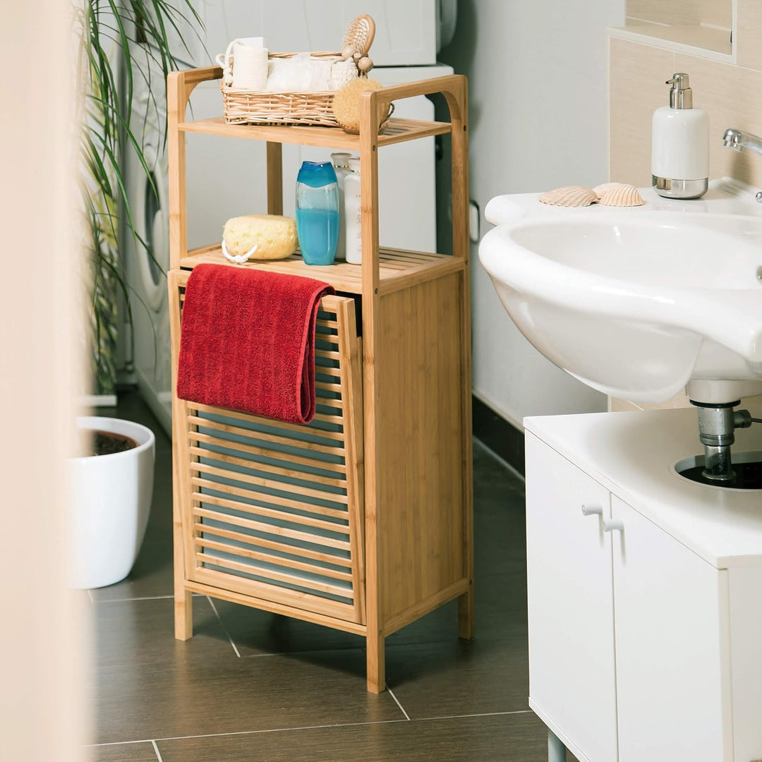 Relaxdays Badregal mit Wäschekorb aus Bambus HBT 95 x 40 x 30 cm Badschrank mit 2 Ablagen für Badacc