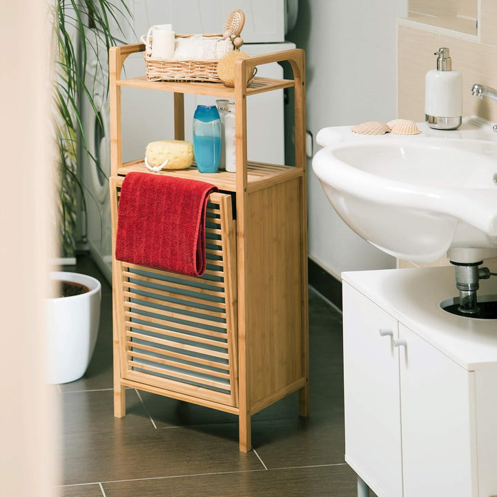 Relaxdays Badregal mit Wäschekorb aus Bambus HBT 95 x 40 x 30 cm Badschrank mit 2 Ablagen für Badacc