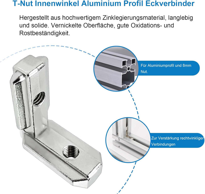 T-Nut Innenwinkel Eckverbinder Profilverbinder, 20 Stück Aluprofil 4040 Nut 8 M6 Aussenwinkel T Slot