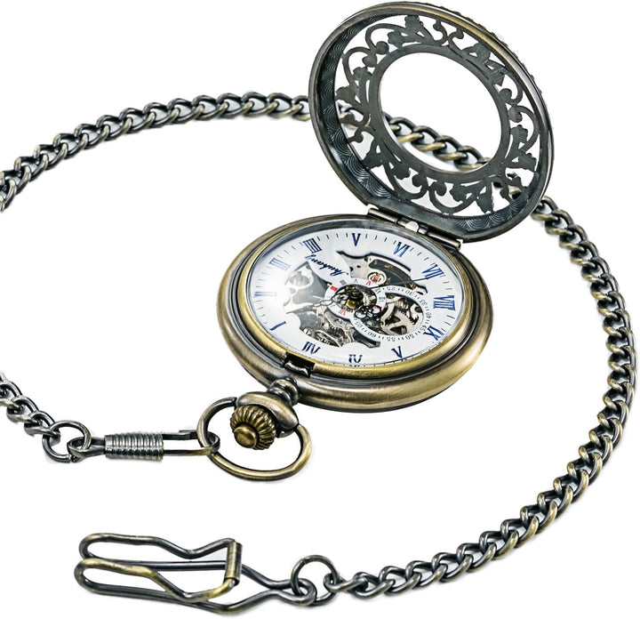 TREEWETO Unisex Taschenuhr mit Kette Analog Handaufzug Skelett Blume Rattan Bronze