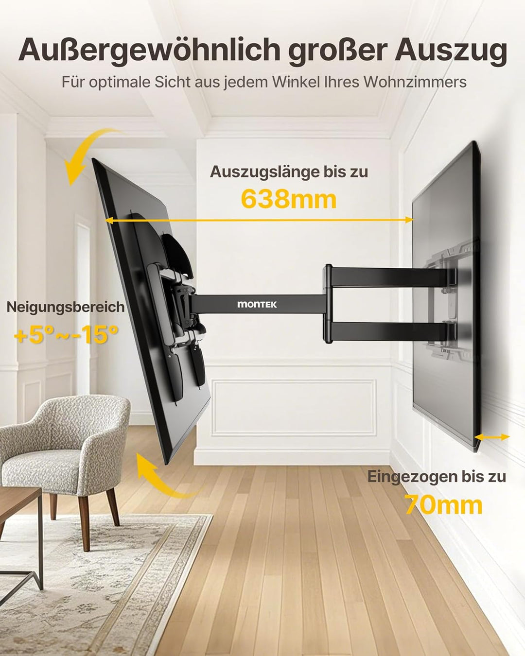 monTEK TV Wandhalterung für die meisten 37–90 Zoll Fernseher bis 75 kg, Wandhalterung Fernseher mit