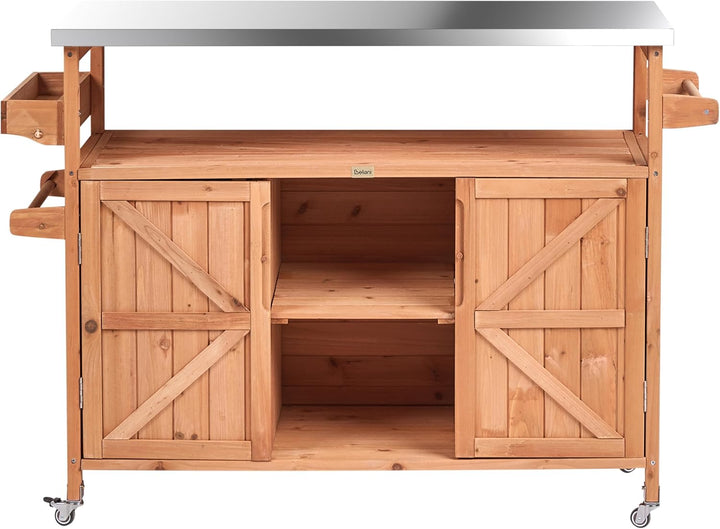 Beliani Outdoor Kücheninsel Tannenholz Edelstahl Hellbraun Rollen 128x47x85 cm Scanno