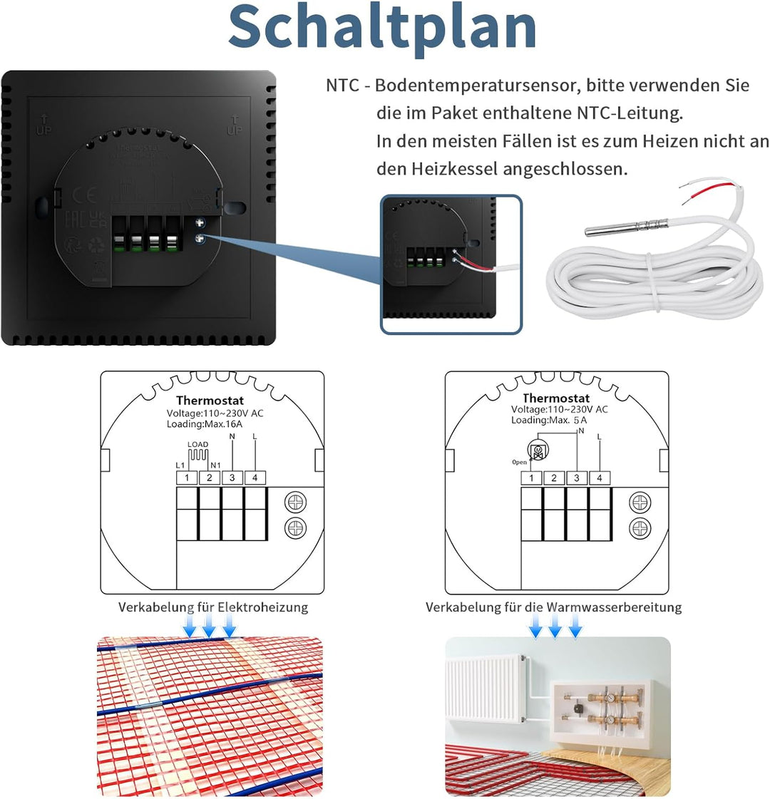 CNBINGO Smart Thermostat Unterputz mit Fühler, Digitaler Raumthermostat für Elektrische Heizung, kom