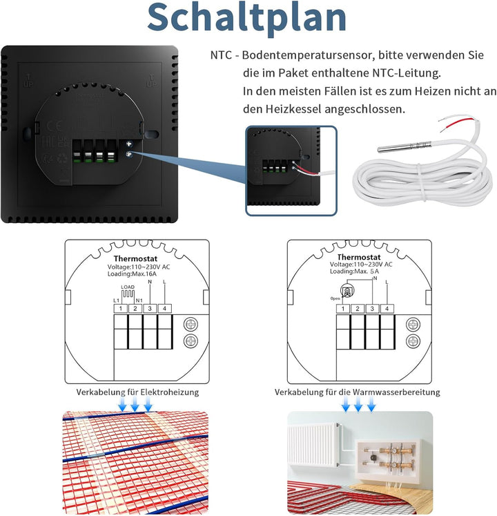 CNBINGO Smart Thermostat Unterputz mit Fühler, Digitaler Raumthermostat für Elektrische Heizung, kom