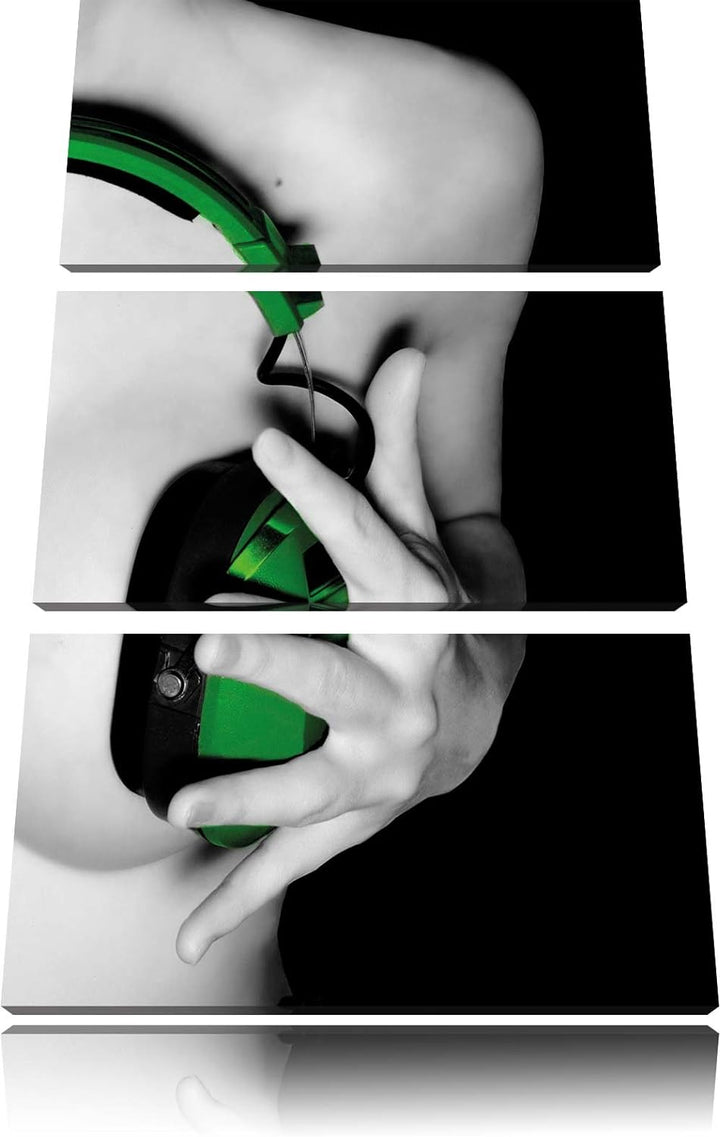 Dark Sexy Girl grüne Kopfhörer schwarz/weiss 3-Teiler Leinwandbild 120x80 Bild auf Leinwand