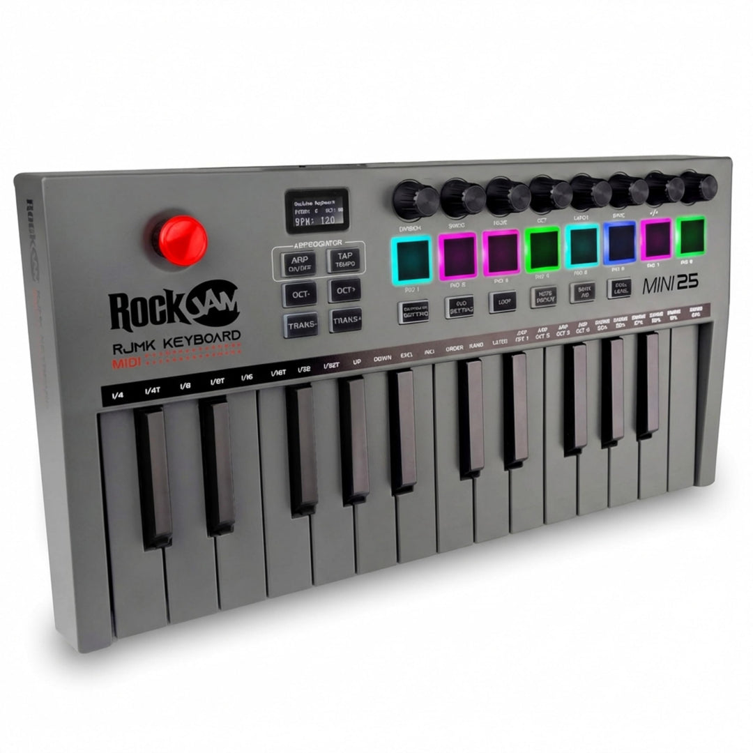RockJam Go 25 Key USB & Bluetooth MIDI Keyboard Controller With 8 Backlit Drum Pads, 8 Knobs 25 Tast