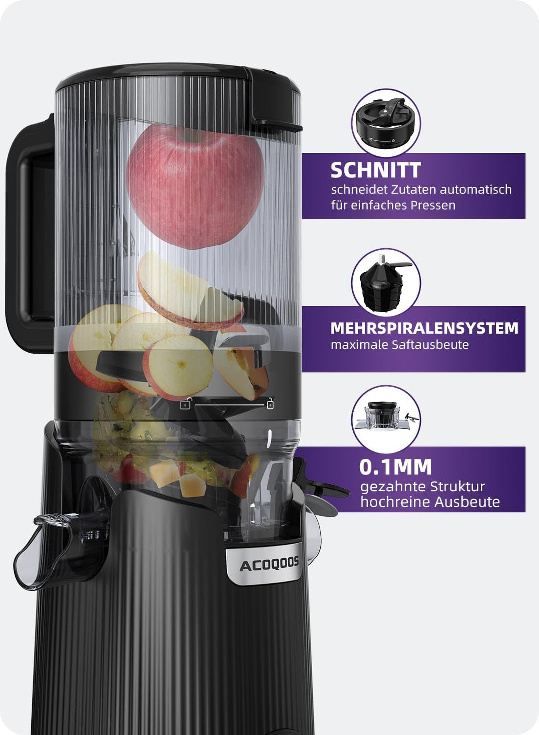 ACOQOOS Entsafter, Entsafter für Ganze Gemüse und Obst, 135 mm Breite und Grössere Fütterungsröhre,