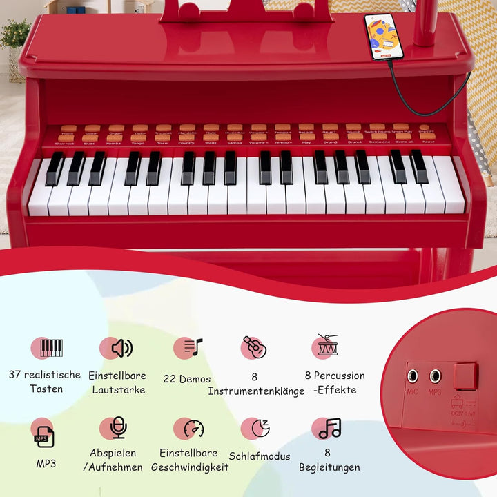 COSTWAY 37-Tasten Kinder Keyboard, elektronisches Kinderklavier mit Hocker, verstellbarem Mikrofon &