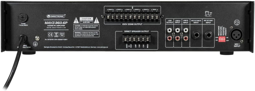 OMNITRONIC MAVZ-360.6P ELA-Mischverstärker | 6-Zonen-ELA-Mono-Mischverstärker, MP3-Player &amp; IR-FB, Z