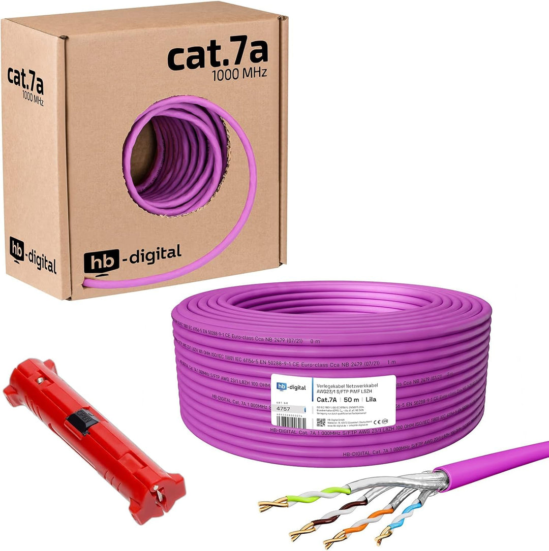 HB-DIGITAL 50m CAT.7a Netzwerkkabel Lila Verlegekabel Ethernet LAN AWG23 Reines Kupfer S/FTP PiMF LS