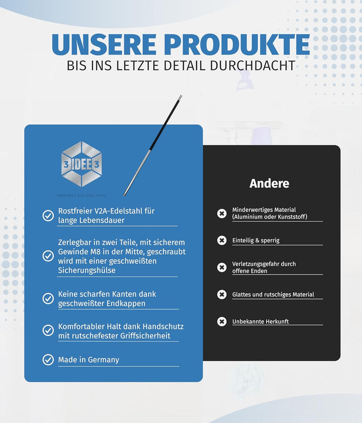Universalstiel aus Edelstahl - Langlebig & Zerlegbar - Rutschfester Griff - Perfekt für Gartengeräte