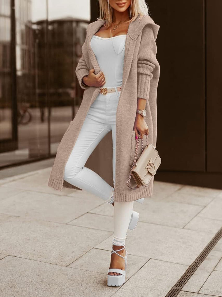 Tongmingyun Strickjacke Damen Lang Cardigan mit Kapuze Winter Grobstrickjacke Casual Lose Strickmant
