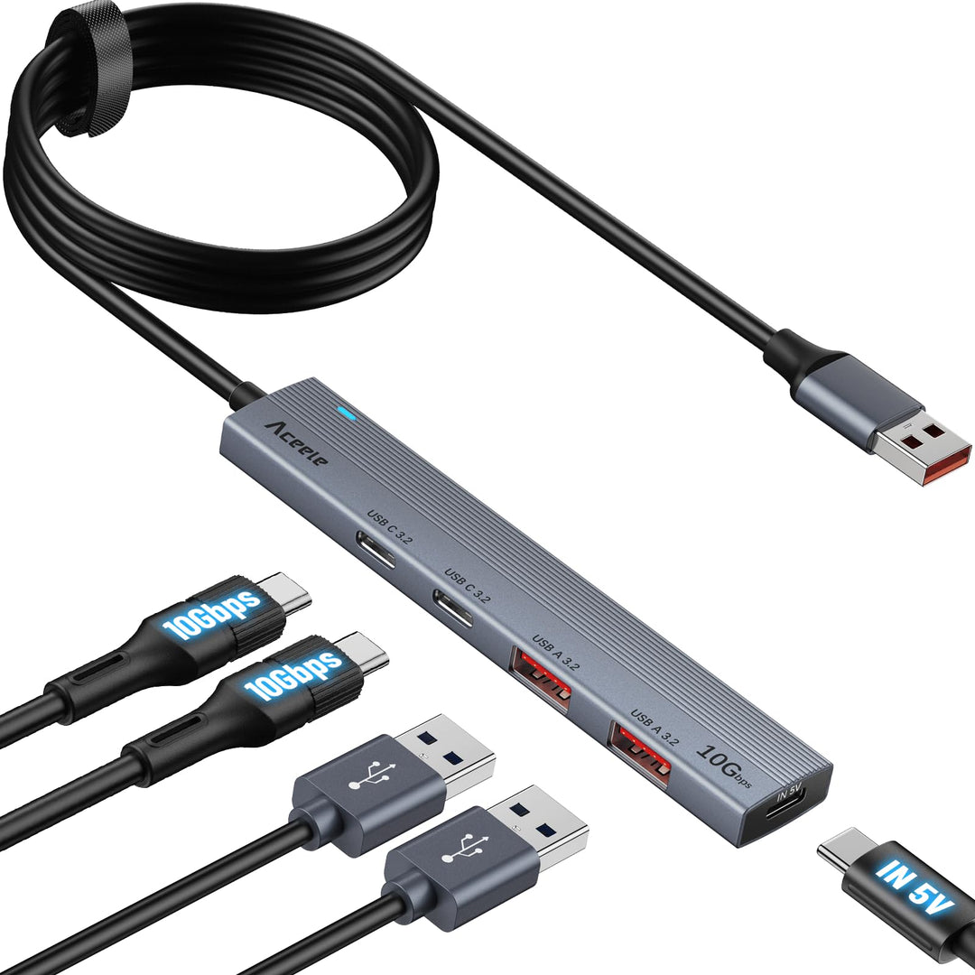 Aceele USB 3.2 Gen 2 Hub mit 2 USBA- und 2 USBC-Anschlüssen, 10 Gbit/s Typ-A-Splitter mit 1,2 m lang