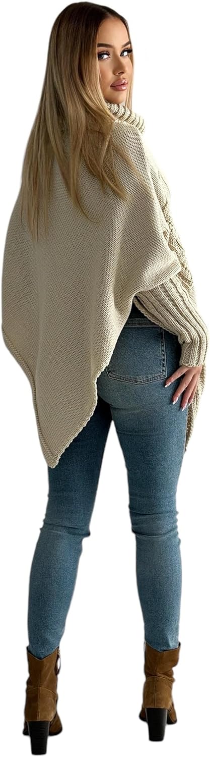 Mississhop Poncho Strick Sweatshirt Pullover Umhang Überwurf Einheitsgrösse Beige, Einheitsgrösse Be