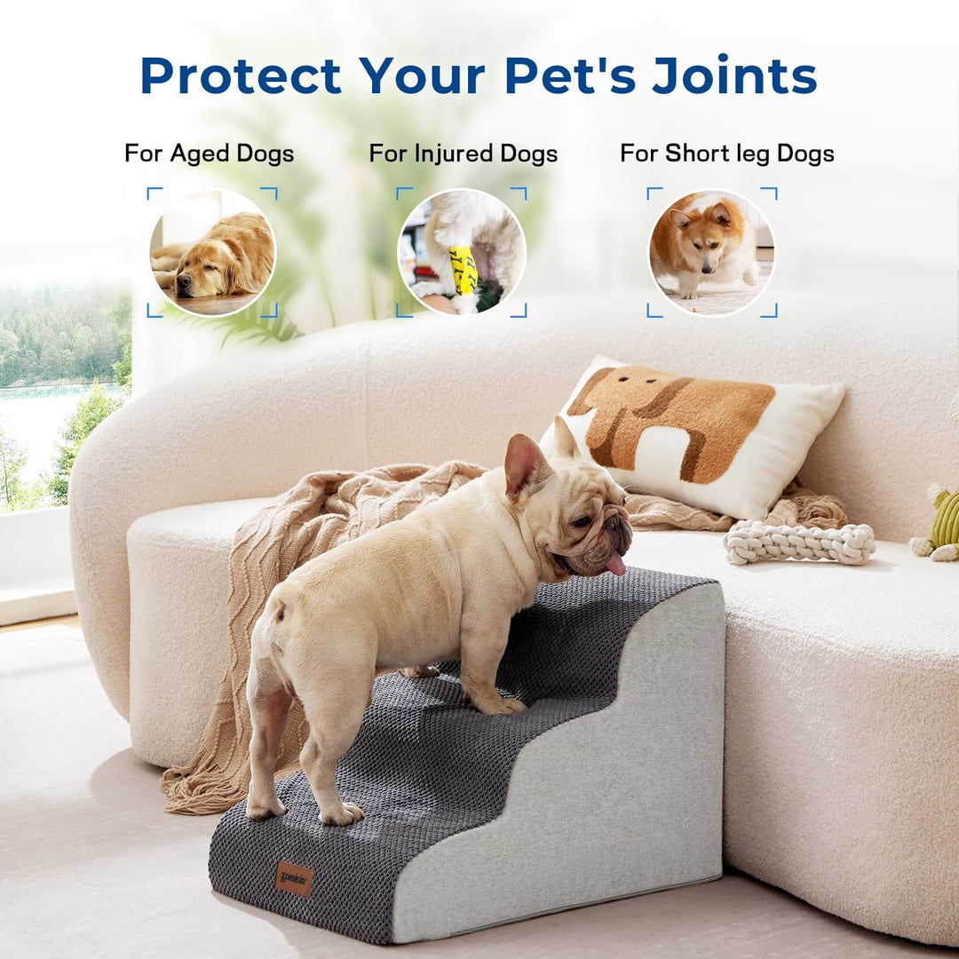 ZOMISIA Hundetreppe für Kleine Hunde 40 cm Hoch, 3 Stufen, Grau | Haustiertreppe für Sofa Bett, Hoch