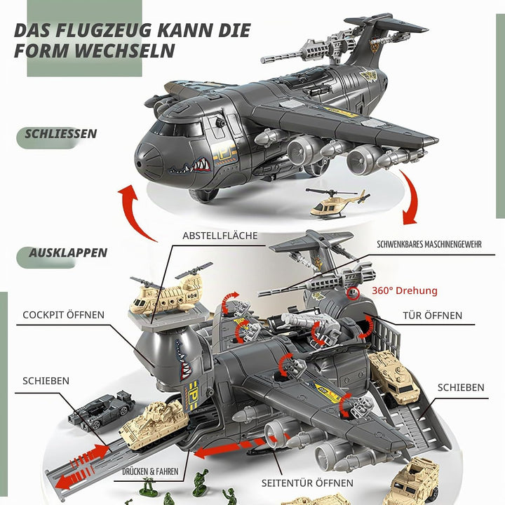 Militär Transport Fracht Flugzeug Militärflugzeug Autos Spielzeug mit Fahrzeug Soldaten Hubschrauber