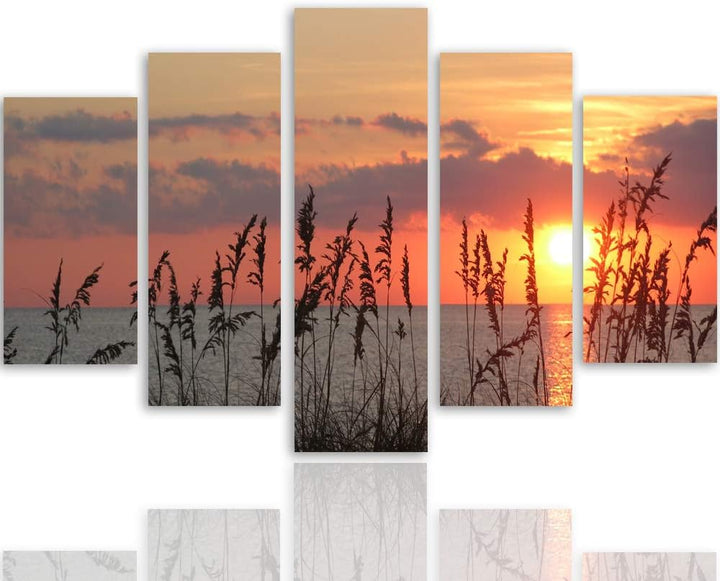 Feeby Bilder Landschaft 100x70 cm - Leinwandbild - 5 Teilig - Kunstdruck Gras bunt Leinwandbild 100x