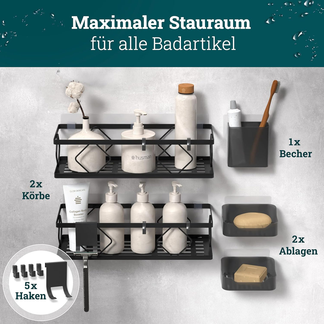 husman® Duschablage-Set ohne Bohren | Matt-Schwarz | 10-teilig mit Ablaufrillen | Kleben statt Bohre