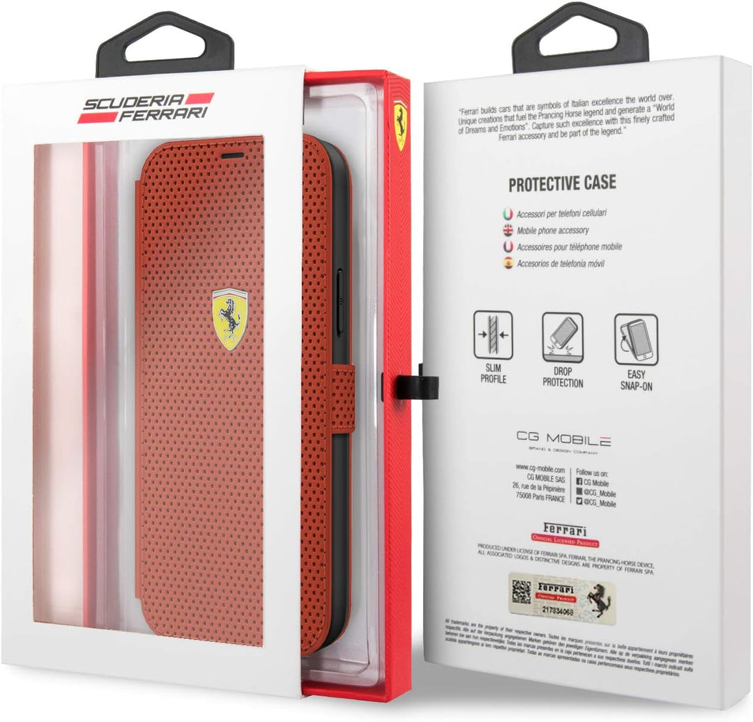 Ferrari FESPEFLBKP12LRE Book On Track Perforated Hülle für iPhone 12 Pro Max 6,7" rot