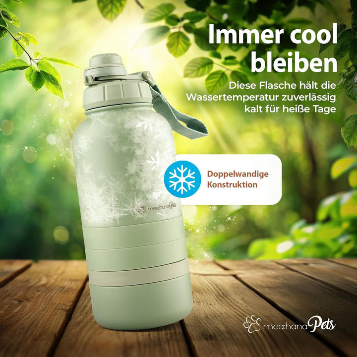 Pets Hundetrinkflasche für unterwegs 1l mit Näpfen -Ideal für Reisen,Outdoor- Isolierte Edelstahl Fl