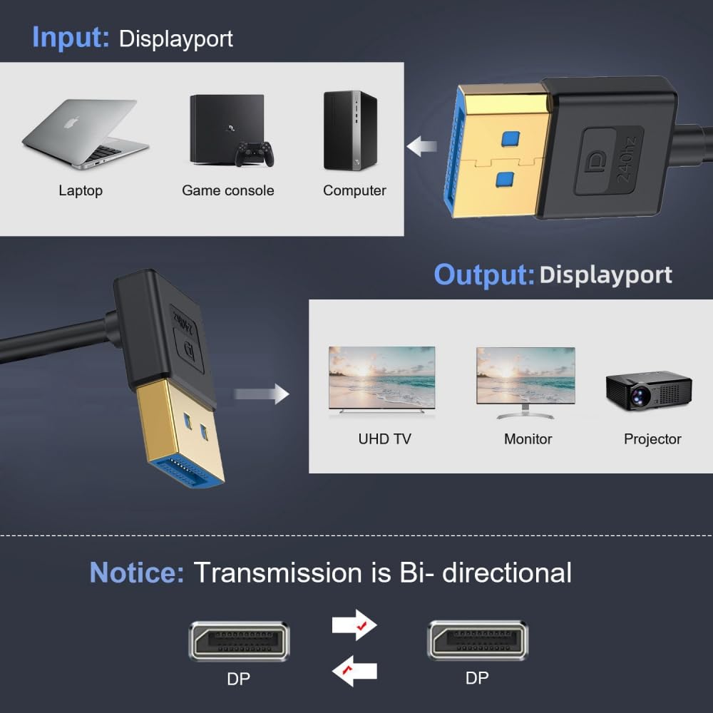 CY Cable Ultrafine nach unten abgewinkeltes DisplayPort 1.4 DP auf DP Kabel 8K 60Hz Kabel Ultra-HD U