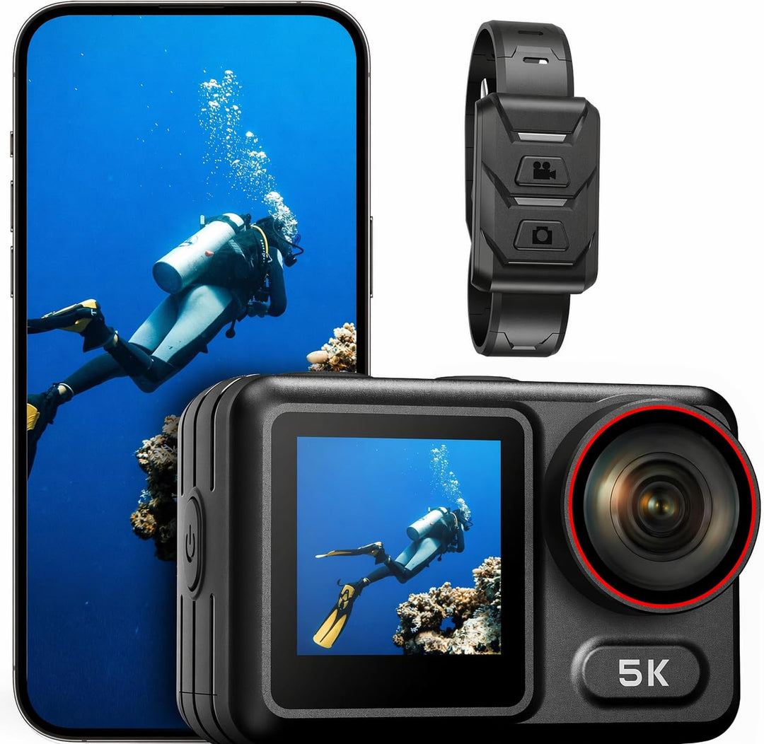 syndesmos Wasserdicht Action Cam 5K 30FPS, Dual-Touchscreen, 64MP Ultra HD-Unterwasserkamera, EIS An