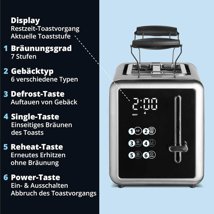 KHG - Toaster 2 Scheiben Edelstahl Touchpanel 850 W - Brötchenaufsatz, 7 Bräunungsstufen, 6 Programm