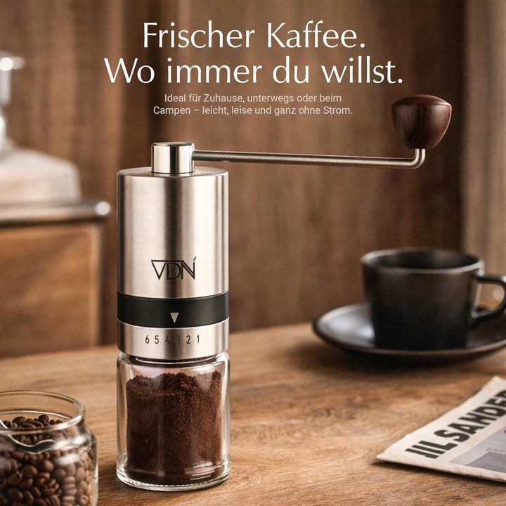 VDN Kaffeemühle manuell - Kaffeemühle Kegelmahlwerk [aus Edelstahl] - Kaffeebohnen Mahlgerät [6 Mahl