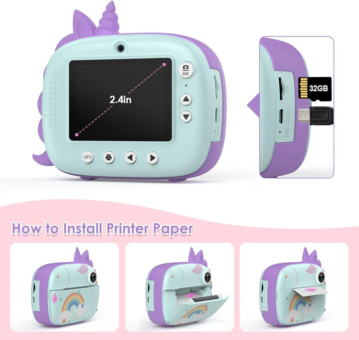 HiMont Kinderkamera Sofortbildkamera, Digitalkamera für Kinder mit Druckpapier & 32G TF Karte, Video