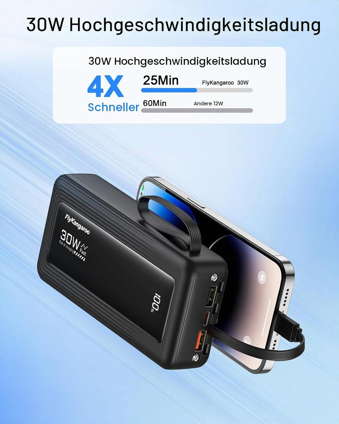 Powerbank 27000mAh mit 4 integrierten Kabel, 30W USB C Schnellladefunktion Schwarz 27000mAh, Schwarz