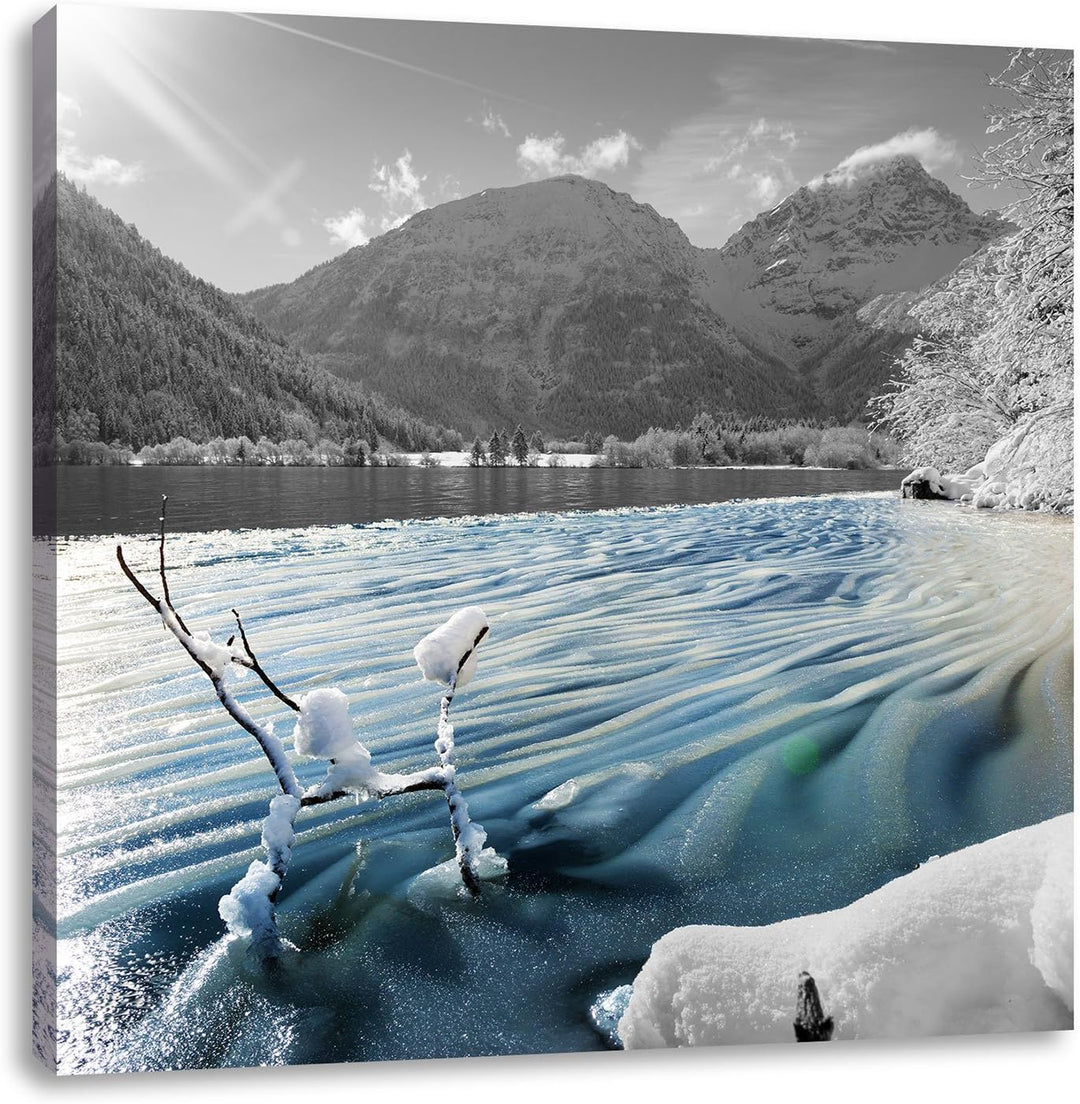 Pixxprint See im Winterwald als Leinwandbild Quadratisch/Grösse: 70x70 / Wandbild/Kunstdruck/fertig
