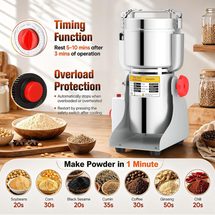 Elektrische Getreidemühle 800 g, 3500 W, 30000 U/min | Deckel-Abschaltautomatik und 5-Minuten-Timer.