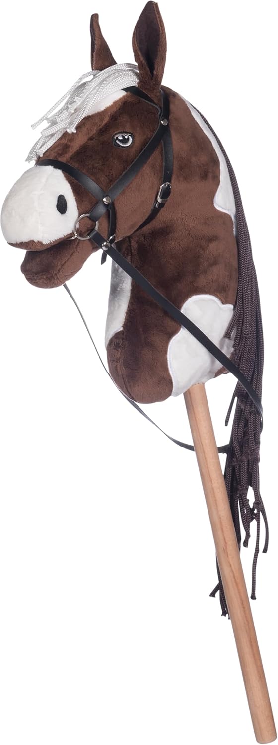 HKM Kids Hobby Horse, Schecke Braun-Weiss, mit Halfter und Führstrick in Rosa, Steckenpferd für Kind