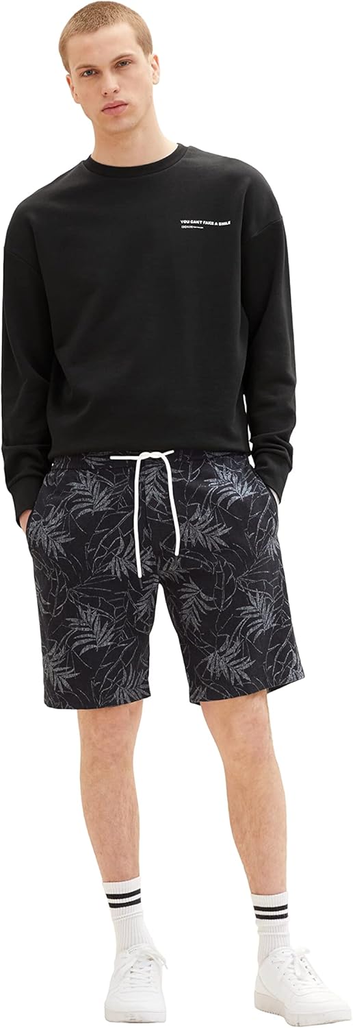 TOM TAILOR Denim Herren Bermuda Shorts aus Leinen XXL 31400 - Black Tonal Leaf Lines Print, XXL 3140