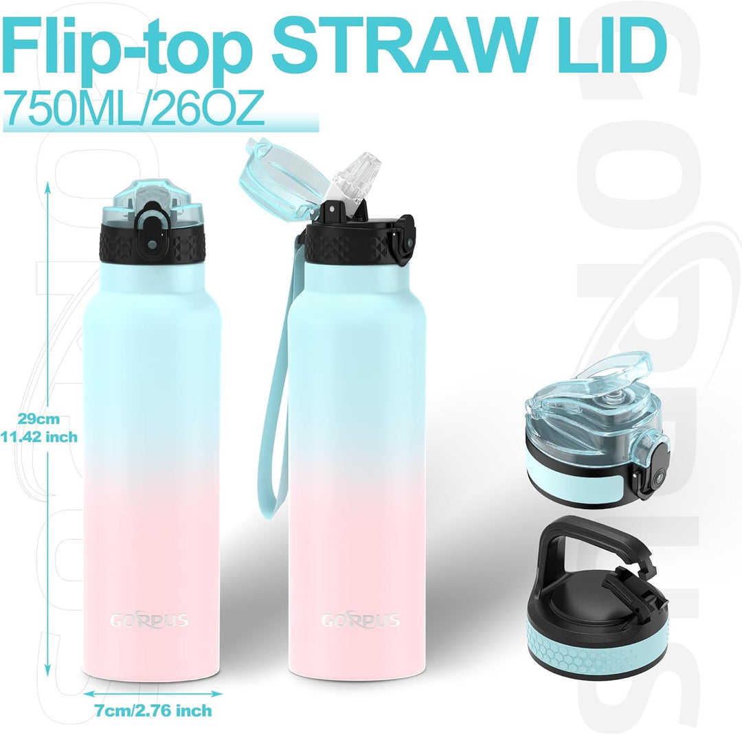 GOPPUS Edelstahl Trinkflasche-750ml mit Strohhalm & 3 Deckel,BPA frei, Kohlensäure Geeignet, Thermos