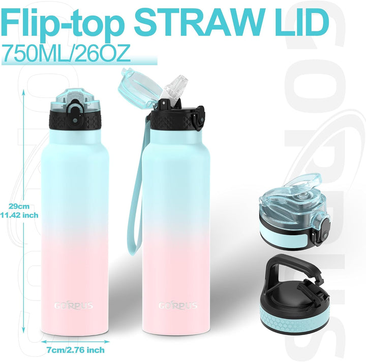 GOPPUS Edelstahl Trinkflasche-750ml mit Strohhalm & 3 Deckel,BPA frei, Kohlensäure Geeignet, Thermos
