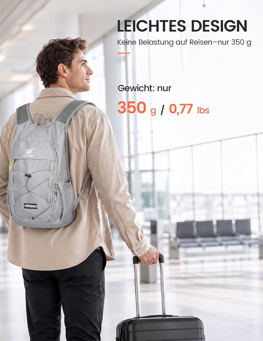 SKYSPER Faltbarer Rucksack 18L, Wanderrucksack Klein mit Brustgurt Hellgrau, Hellgrau