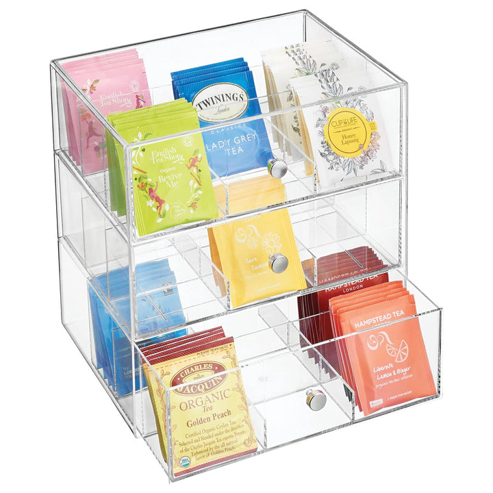 mDesign Küchen Organizer mit 3 Schubladen – Aufbewahrungsbox für Teebeutel, Kaffeepads, Süssungsmitt