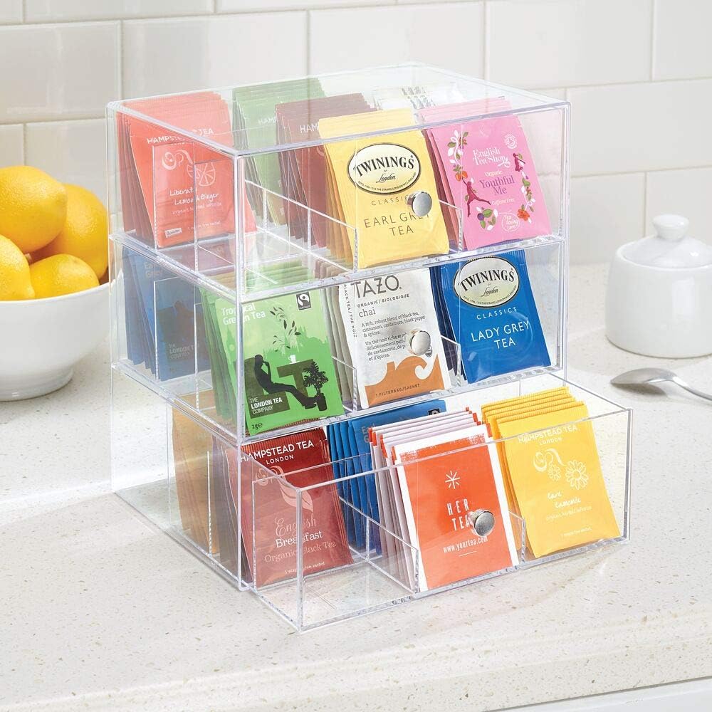 mDesign Küchen Organizer mit 3 Schubladen – Aufbewahrungsbox für Teebeutel, Kaffeepads, Süssungsmitt
