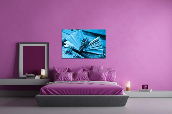 deyoli Aufgeschlagenes Buch mit Fliederzweigen Format 100x70 Effekt: Monocrome Blau als Leinwandbild