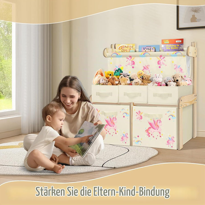 Kinderregal, Spielzeugregal, Bücherregal Kinder mit 5 Aufbewahrungsboxen 1 Hängefächern,3 Ebenen Kin