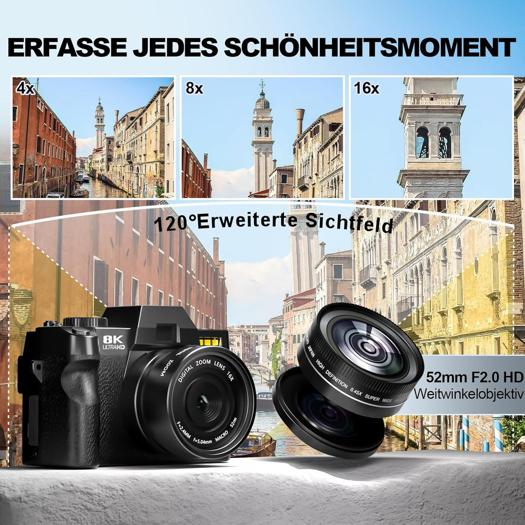 64MP Digitalkamera 8K für Fotografie & Vlogging, 180° Flip Screen Kamera mit WiFi, 16X Zoom, Externe