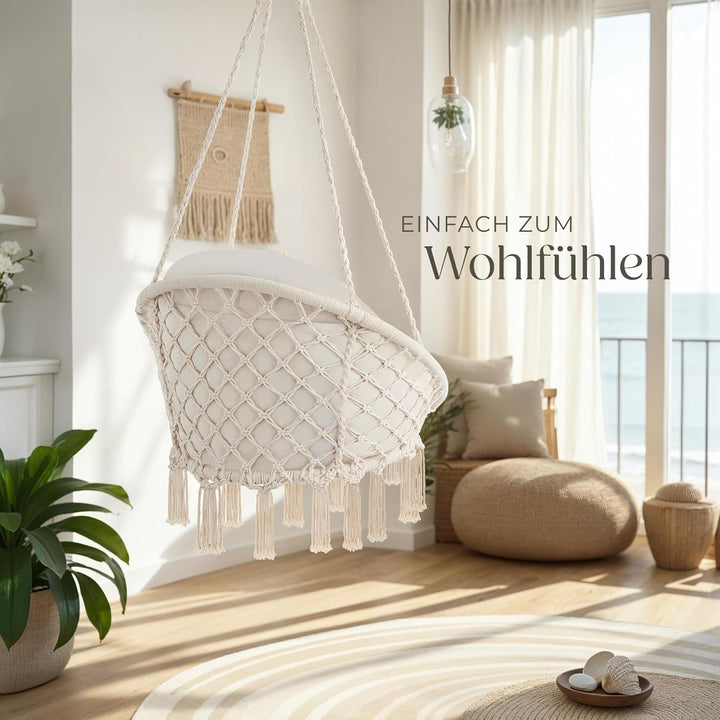 tectake® Hängesessel, Hängeschaukel mit dicken Kissen & Quasten, Boho Hängekorb Ø 80 cm, Hängesessel