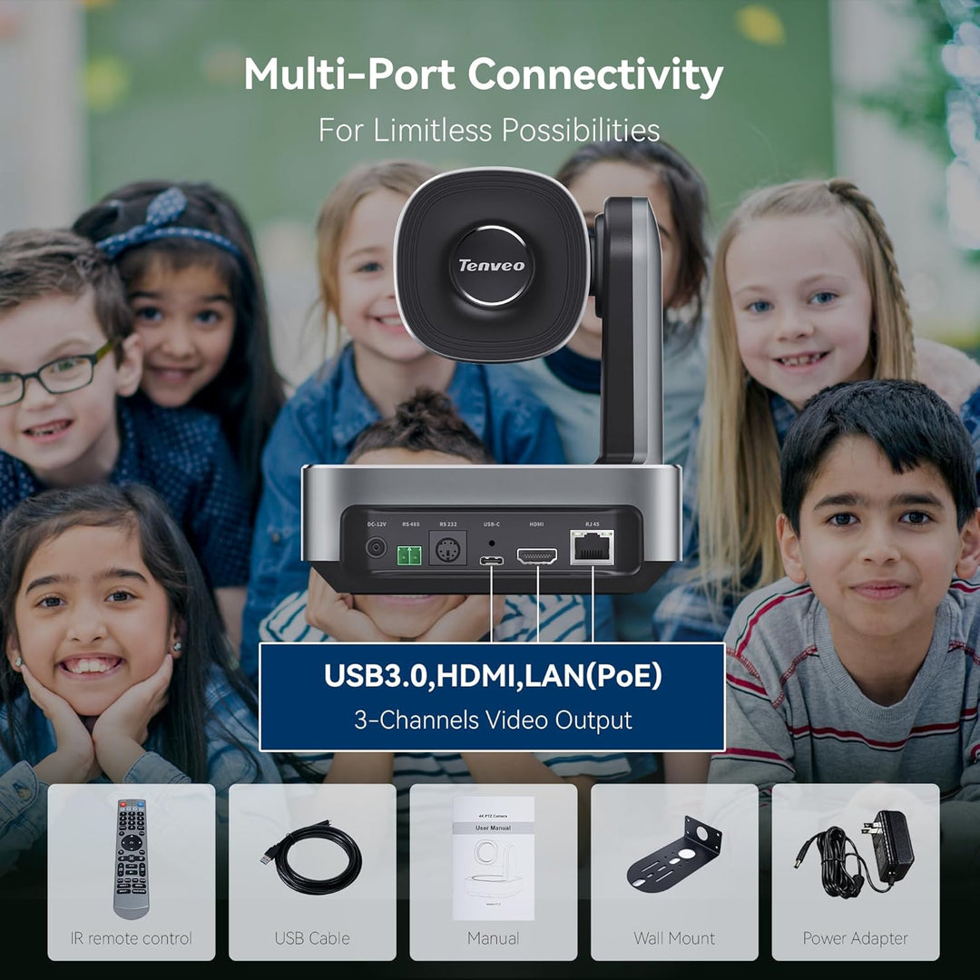 Tenveo 4K PTZ Kamera Streaming Kamera HDMI/USB3.0/PoE/ RJ45 Konferenzkamera 12x Optical Zoom Kamera