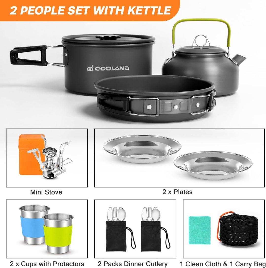 Odoland Camping Geschirr Set Kochset Topfen mit 0.8 L Teekessel Campingbesteck und Becher Leicht Alu