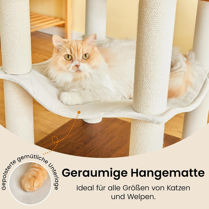Kratzbaum, 163 cm hoch, moderner Katzenbaum, mehrstöckiges Katzenhaus mit Höhle, 7 Kratzsäulen, 2 Li